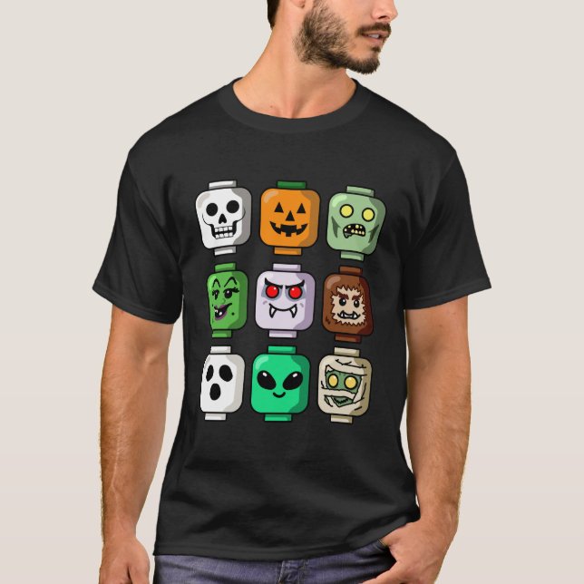 Camiseta Halloween Building Brick Head Pumpkin Ghost Zombie (Frente)