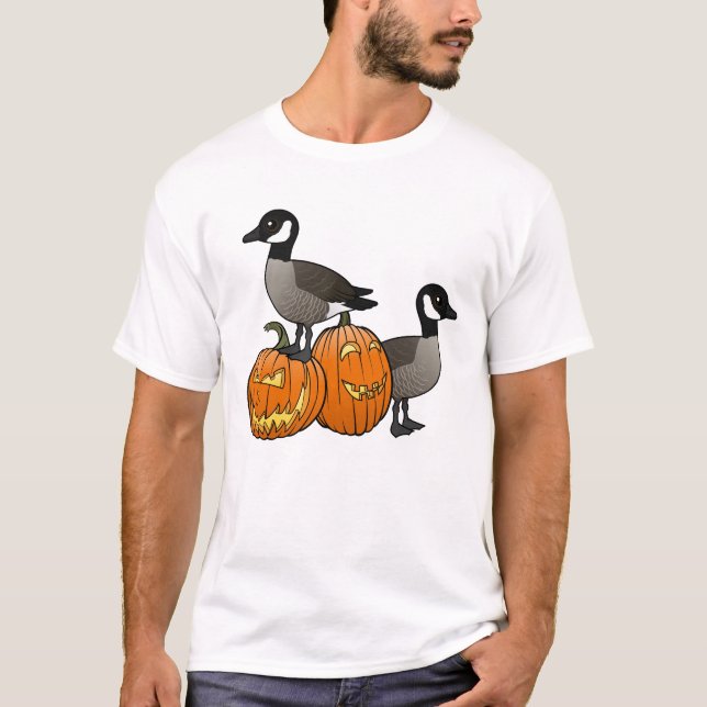 Camiseta Halloween Canada Geese Birds com Jack-o-lanternas (Frente)