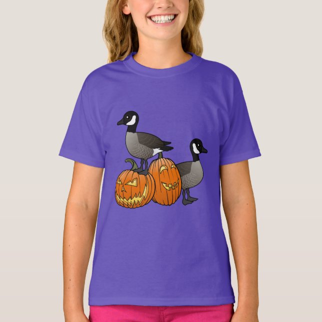 Camiseta Halloween Canada Geese Birds com Jack-o-lanternas (Frente)