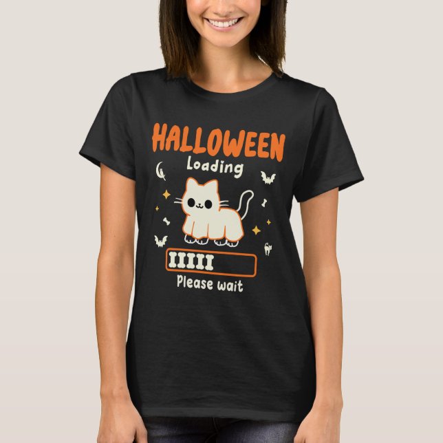 Camiseta Halloween Carregando Por Favor Esperem Um Salão Ne (Frente)