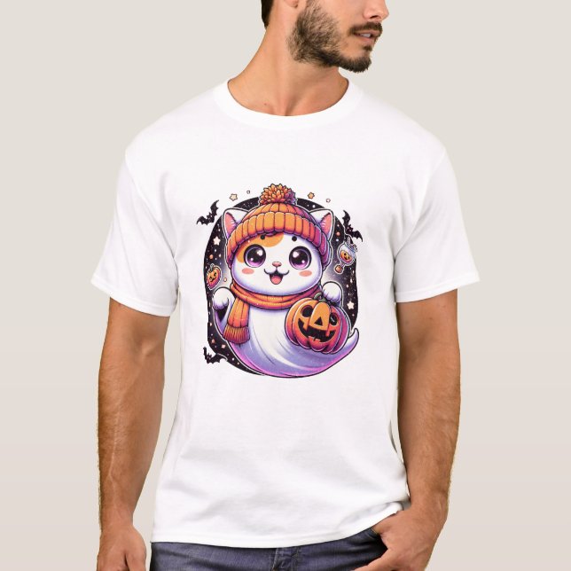 Camiseta Halloween cat Ghost Pumpkin Fall (Frente)