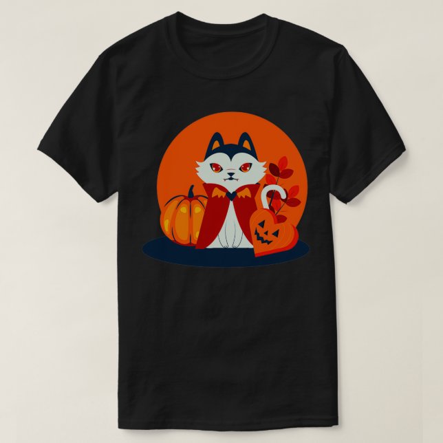 Camiseta Halloween cat head dressed as a pumpkin 2 (Frente do Design)