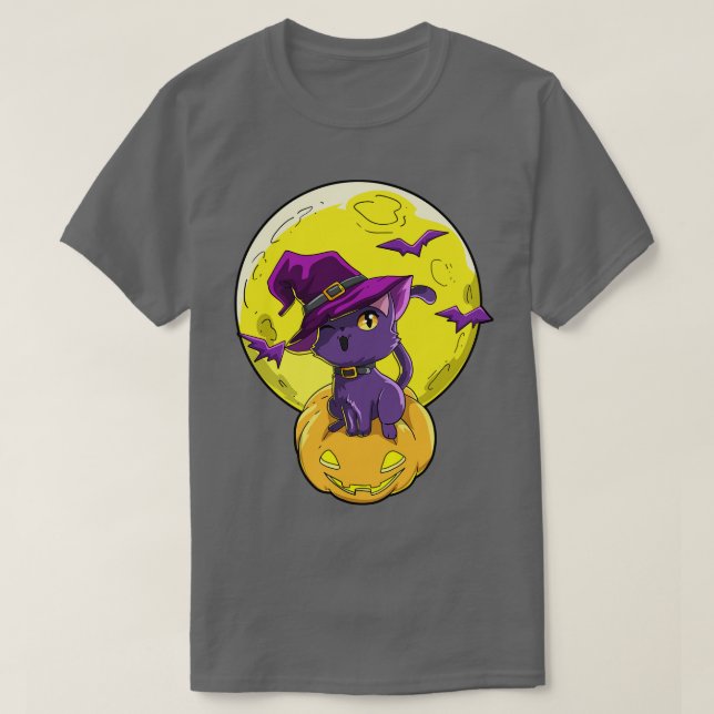Camiseta Halloween Cat Pumpkin Moon (Frente do Design)