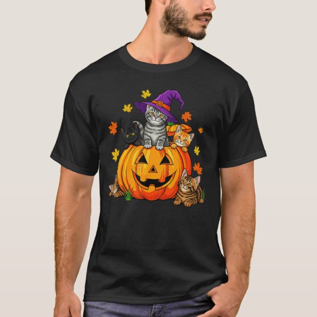 Camiseta Halloween Cat Pumpkin Spooky Season Men Women Cute (Frente)