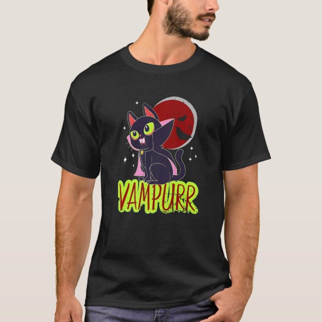 Camiseta Halloween Cat Vampiro Vampiro Gato Mulher Gato Hom (Frente)
