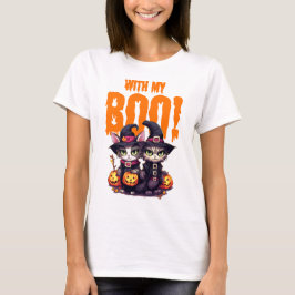 Camiseta Halloween com meu Casal de gato boo com abóbora