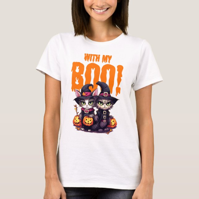 Camiseta Halloween com meu Casal de gato boo com abóbora (Frente)