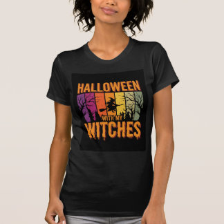 Camiseta Halloween Com Minhas Bruxas Pôr do Sol Retro