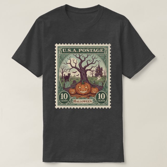 Camiseta Halloween com Selos Postais Antigos (Frente do Design)