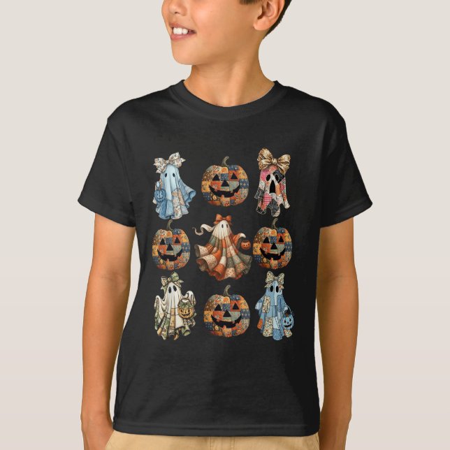 Camiseta Halloween Coquette Arco Pumpkin Ghost Patchwork Sp (Frente)