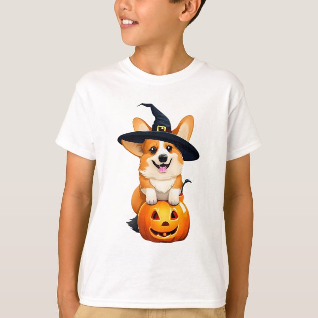 Camiseta Halloween Corgi Witch Hat (Frente)