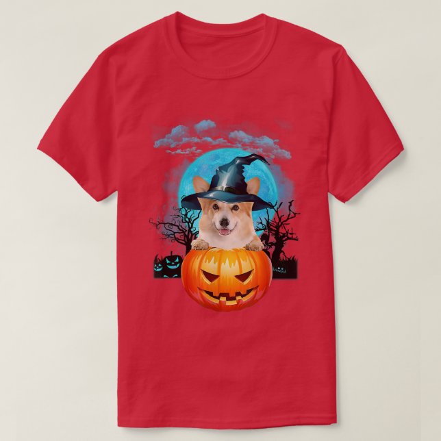 Camiseta Halloween Corgi Witch Pumpkin E Blue Moon (Frente do Design)