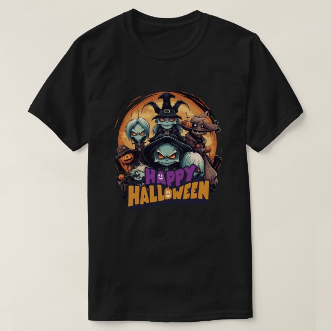 Camiseta Halloween Creepy Cute Monster Group com Bruxas (Frente do Design)