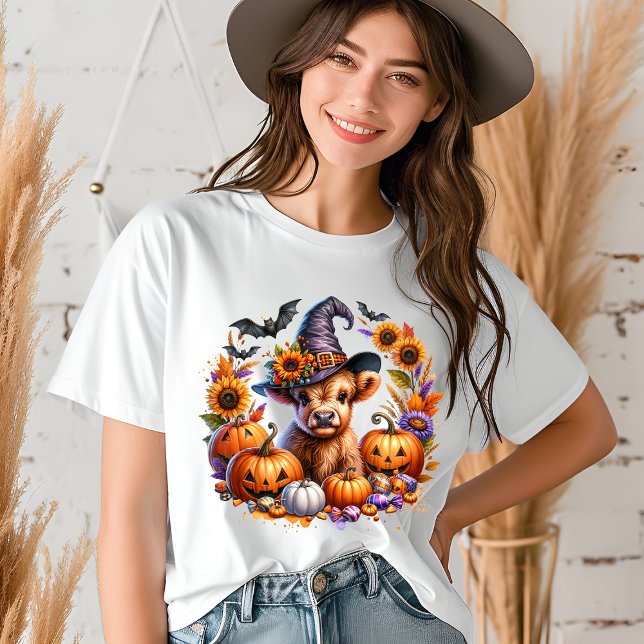 Camiseta Halloween Cute Highland Cow Witch Bats Pumpkins (Criador carregado)