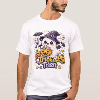 Camiseta Halloween Cute Kawaii Fantasma Truque ou 