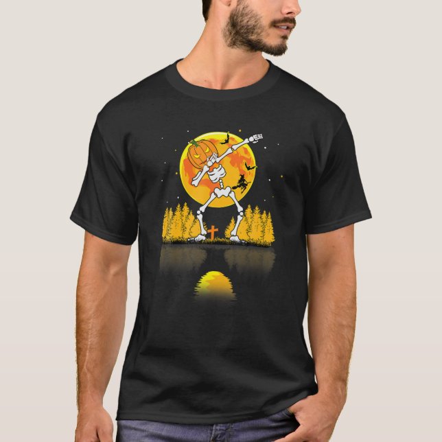 Camiseta Halloween Dabbing Skeleton Witch Pumpkin Moon Girl (Frente)