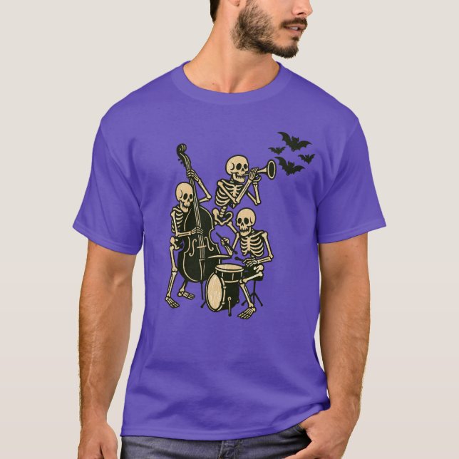 Camiseta Halloween de Banda de Esqueleto Retro Roxo (Frente)