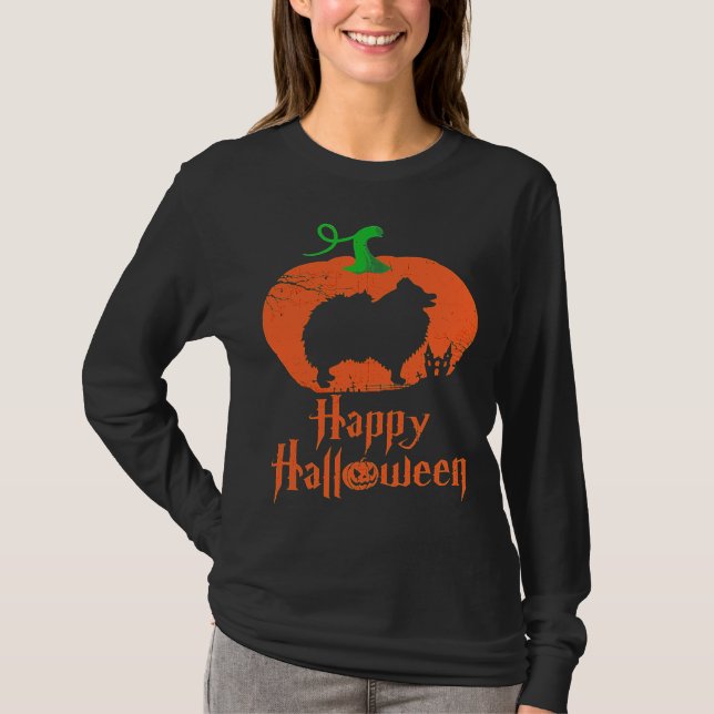 Camiseta Halloween De Cão Pomerano (Frente)