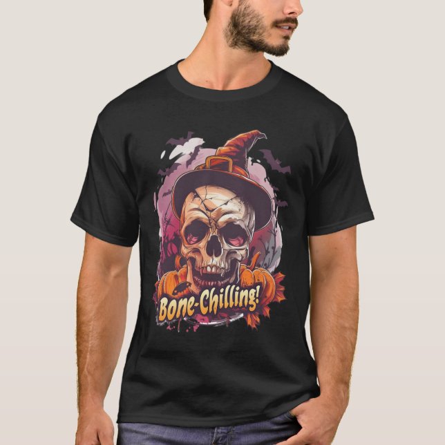 Camiseta Halloween De Crânio E Pumpkin Refrigerado Por Osso (Frente)