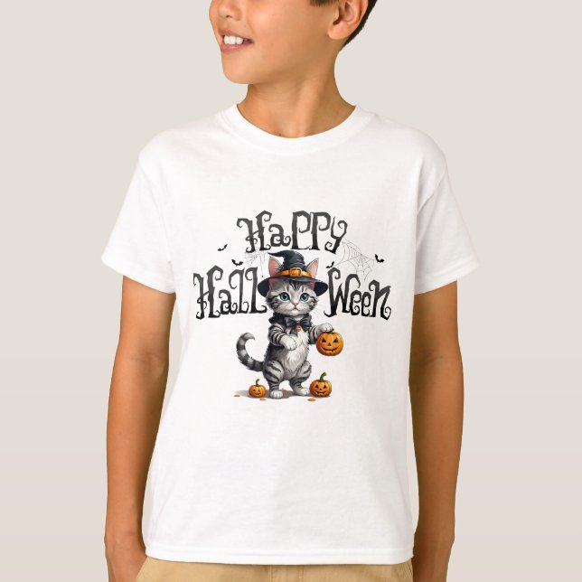 Camiseta Halloween de gato bruxa (Frente)