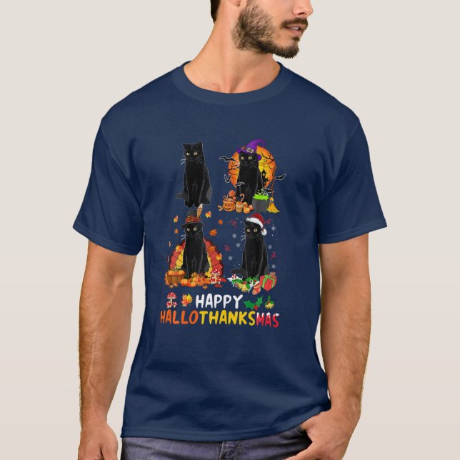 Camiseta Halloween De Gato Negro E Feliz Salão De Natal (Frente)
