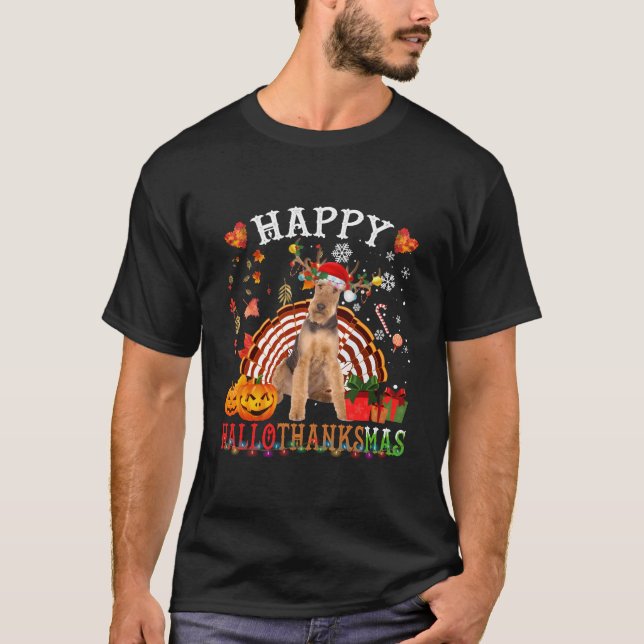 Camiseta Halloween Dia de Ação de Graças Alegre Airedale Te (Frente)