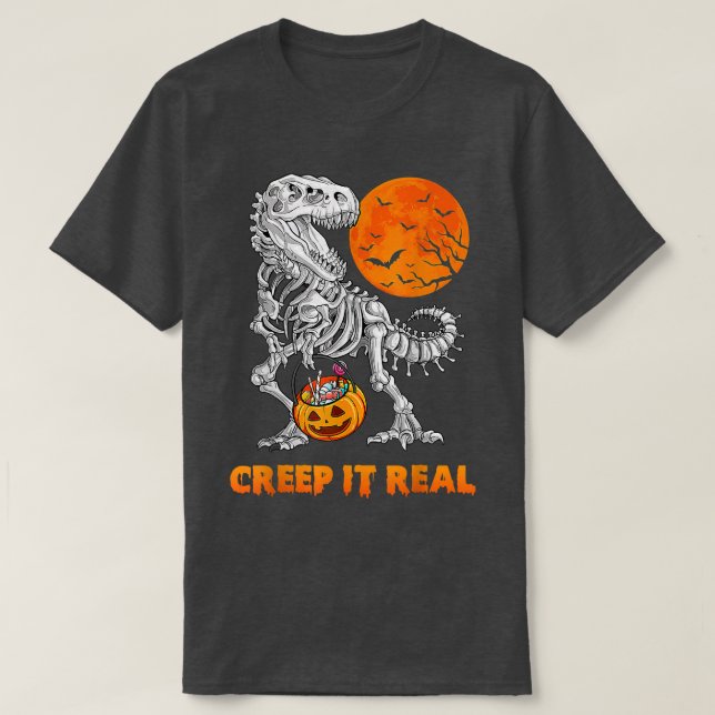 Camiseta Halloween Dinossaur Skeleton T re Creme (Frente do Design)