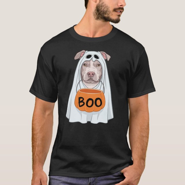 Camiseta Halloween Dog Pitbull Cute Ghost Sheet Costume Boo (Frente)