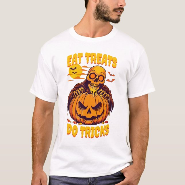 Camiseta Halloween Esqueleto Come Guloseimas Faz T (Frente)