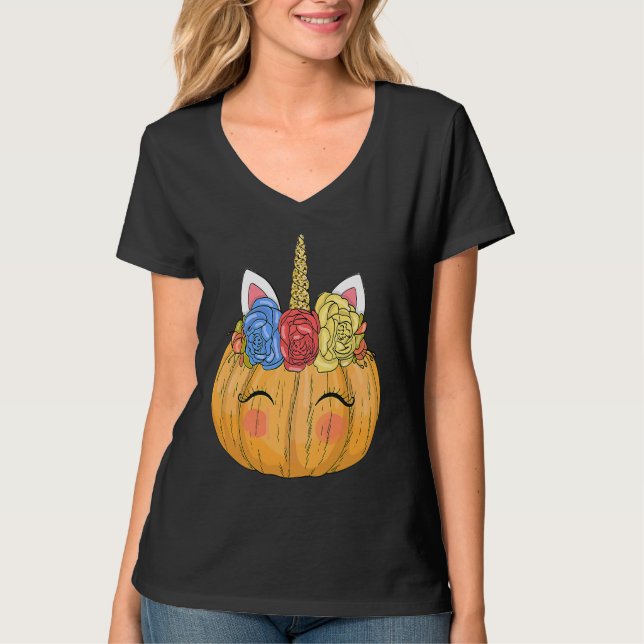 Camiseta Halloween  for Kids Girls Cute Unicorn Pumpkin (Frente)
