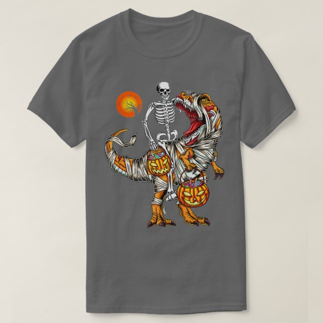Camiseta Halloween Funny Skeleton Andando Mummy Dinossaur T (Frente do Design)
