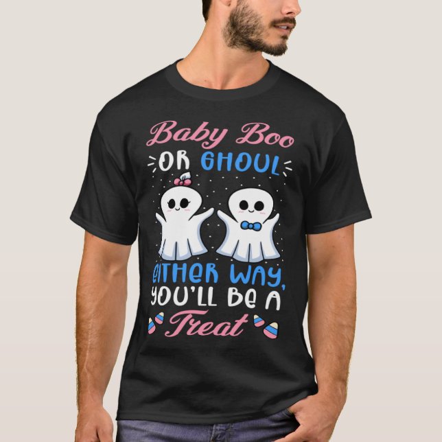 Camiseta Halloween Gender Reveal Baby Boo Or Ghoul Baby Sho (Frente)