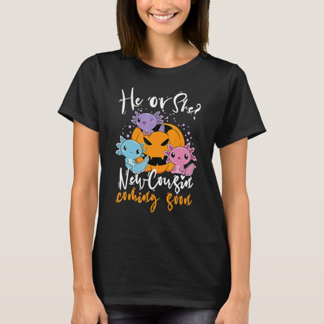 Camiseta Halloween Gender Reveal He or She Cousin Coming Bo (Frente)