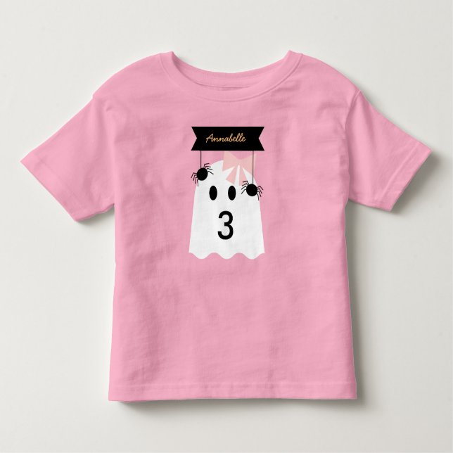 Camiseta Halloween Ghost Girl Pink Ribbon Aniversário (Frente)