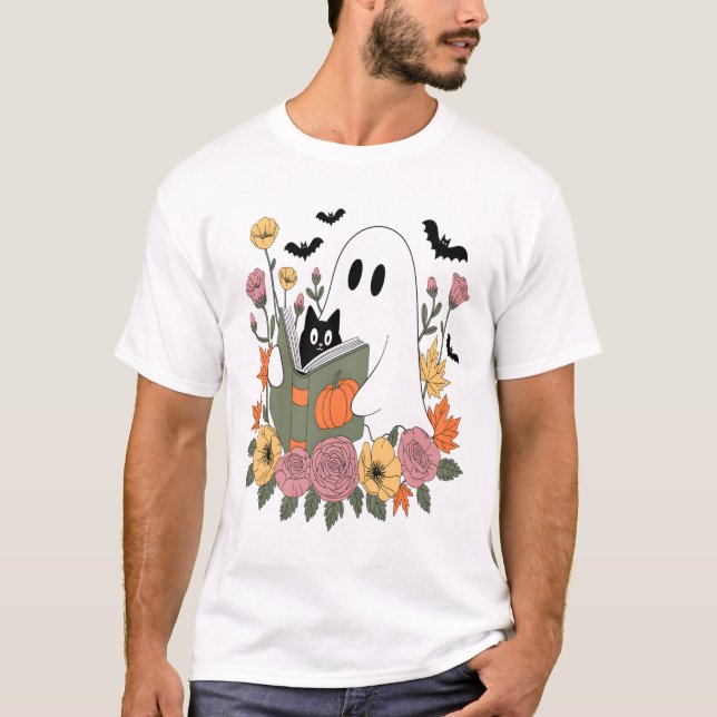 Camiseta Halloween Ghost Reading Book Cat (Frente)
