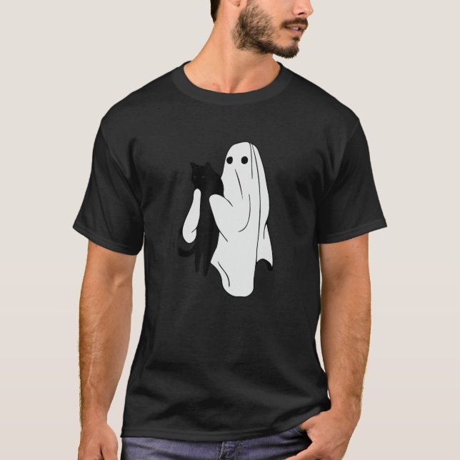 Camiseta Halloween Ghost segurando Black Cat Love Spooky Se (Frente)
