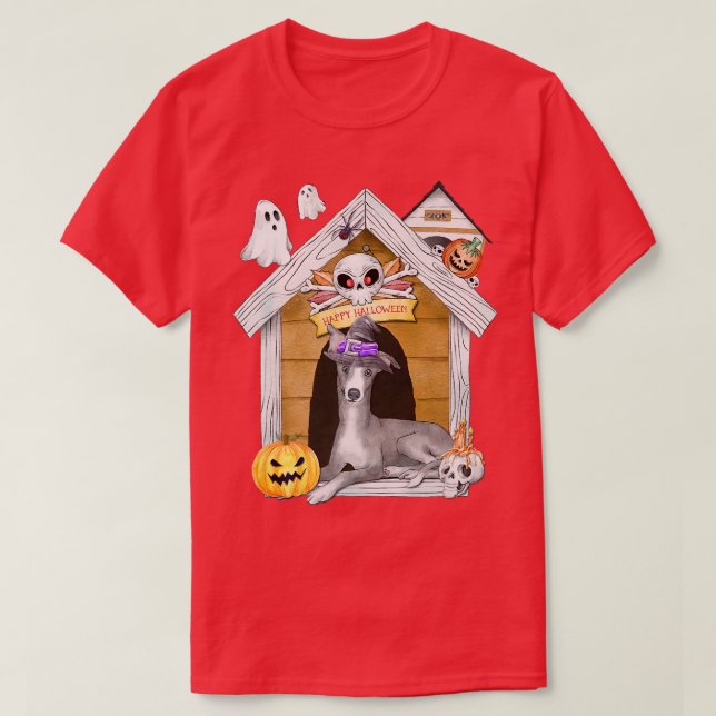 Camiseta Halloween Greyhound Dog Witch Assombrou Casa (Frente do Design)