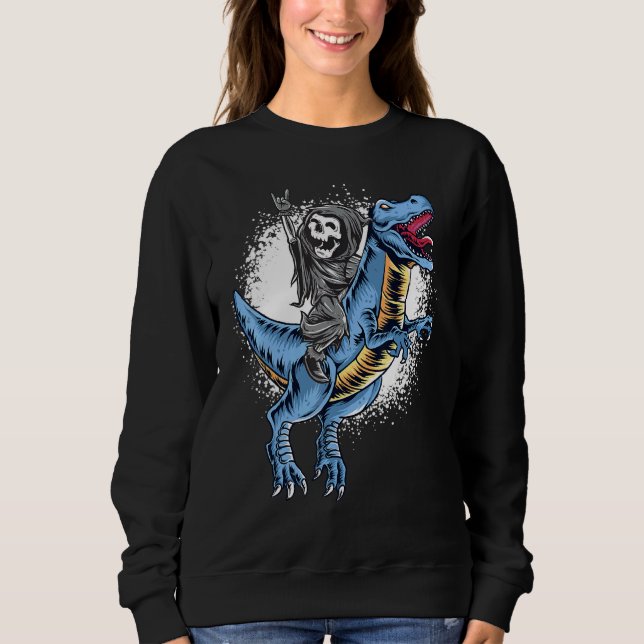 Camiseta Halloween Grim Reaper Rocker Andando em T Rex Dino (Frente)