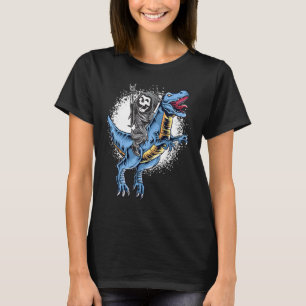 Camiseta Halloween Grim Reaper Rocker Andando em T Rex Dino