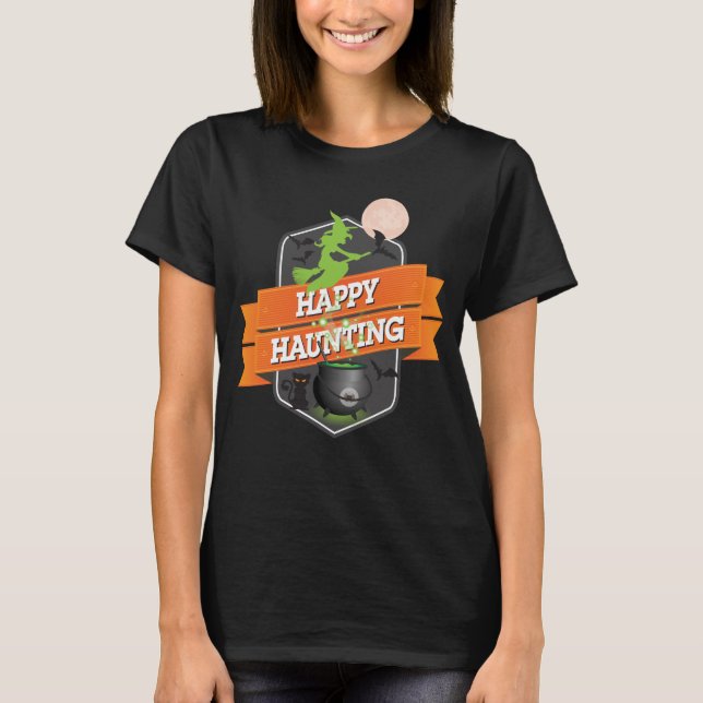Camiseta Halloween Happy Haunting com Bruxa na Broom (Frente)