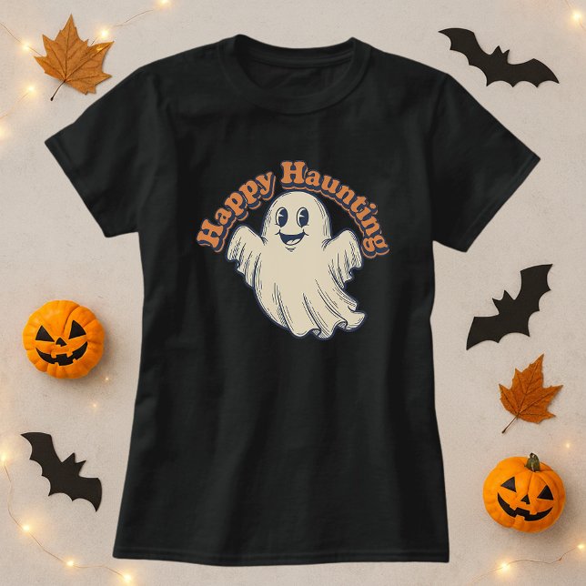 Camiseta Halloween Happy Hunting Retro Ghost (Criador carregado)