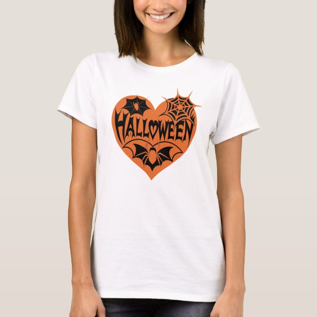 Camiseta Halloween Heart, Orange Heart Shape, Spider Web (Frente)