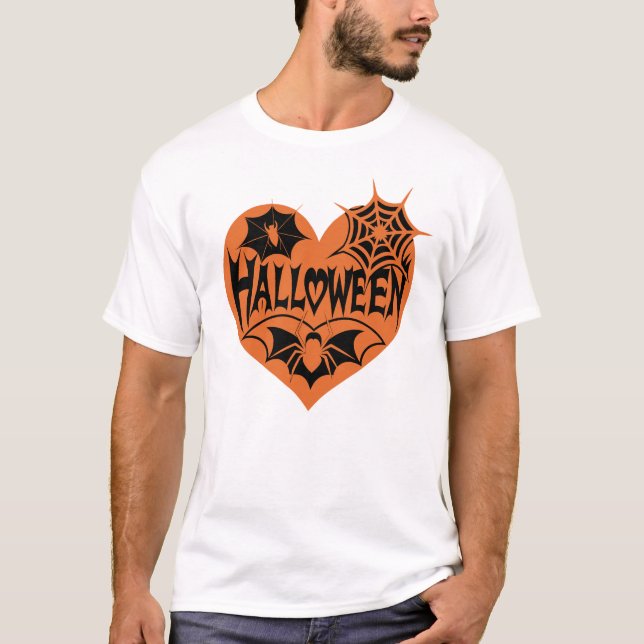 Camiseta Halloween Heart, Orange Heart Shape, Spider Web (Frente)