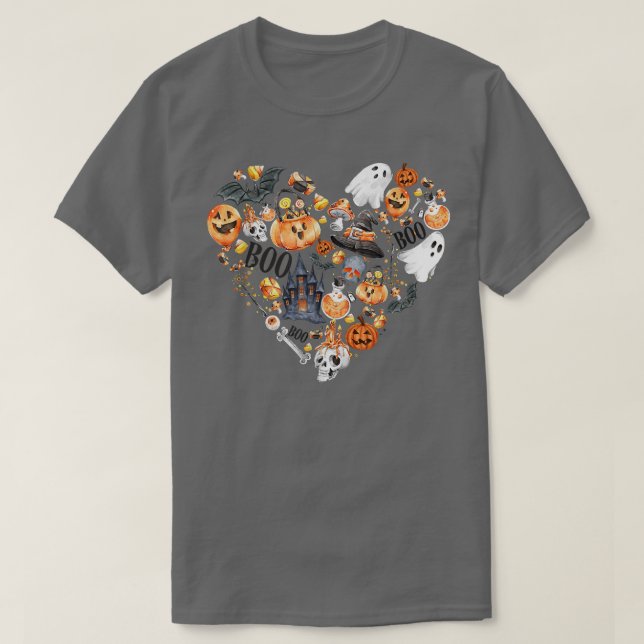 Camiseta Halloween Heart With Pumpkins Ghosts Haunted House (Frente do Design)