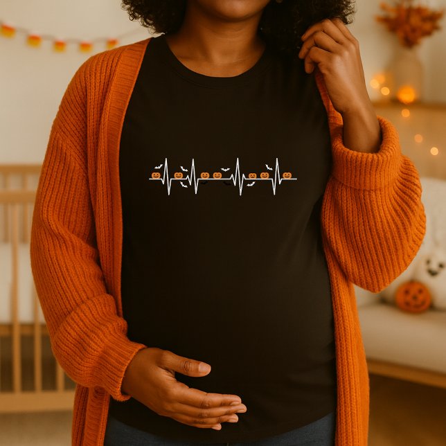 Camiseta Halloween Heartbeat Pumpkin Maternity Spooky ECG (Criador carregado)