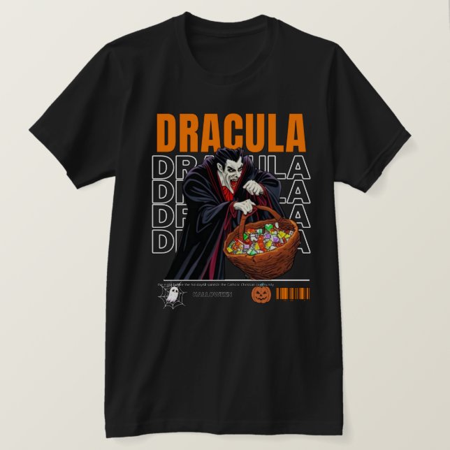 Camiseta Halloween horror 2024, Dracula coleta doces (Frente do Design)