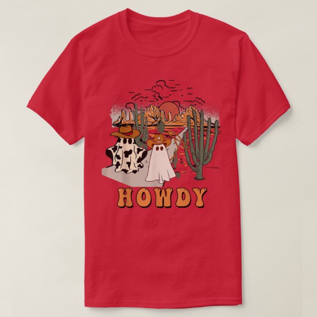 Camiseta Halloween Howdy Ghouls,Boo Haw Cowboy,Desert Sunri (Frente do Design)