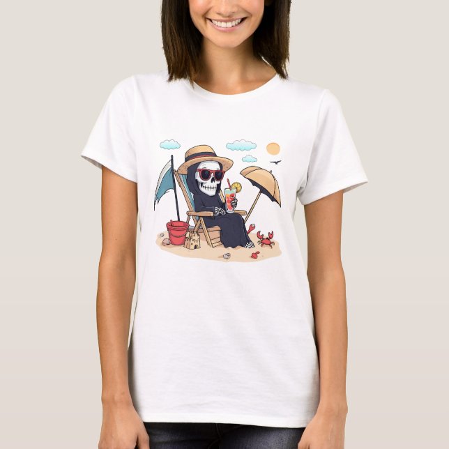 Camiseta Halloween in Summer – Grim Reaper on the Beach (Frente)