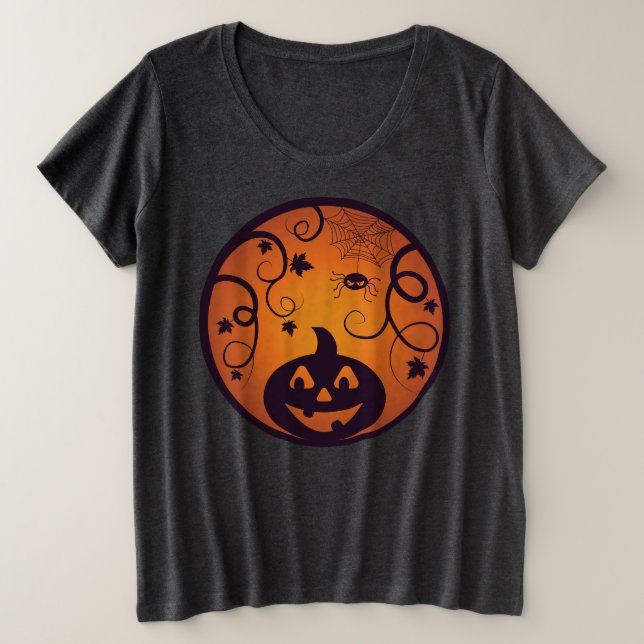 Camiseta Halloween Jack ou lanterna abóbora face e aranha (Frente do Design)
