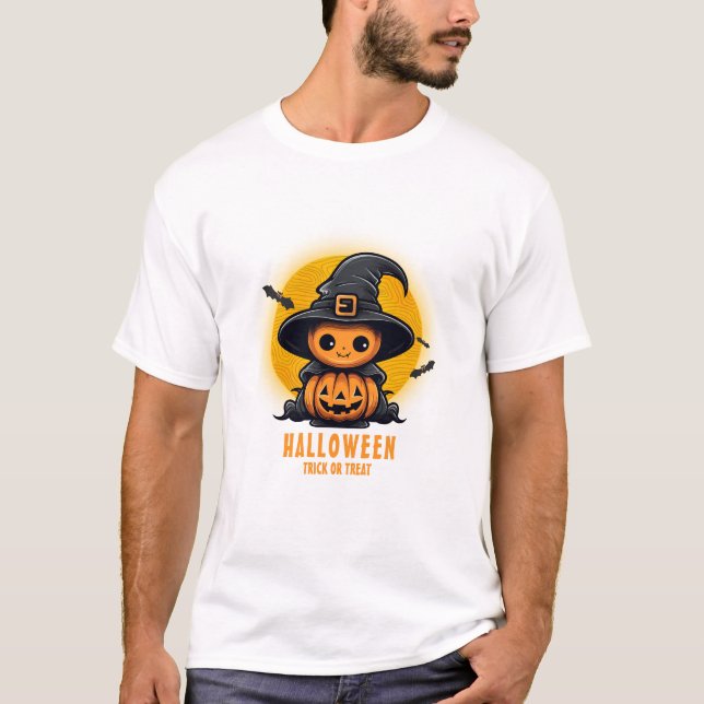 Camiseta Halloween Laranja e Branco com Marca Personalizada (Frente)